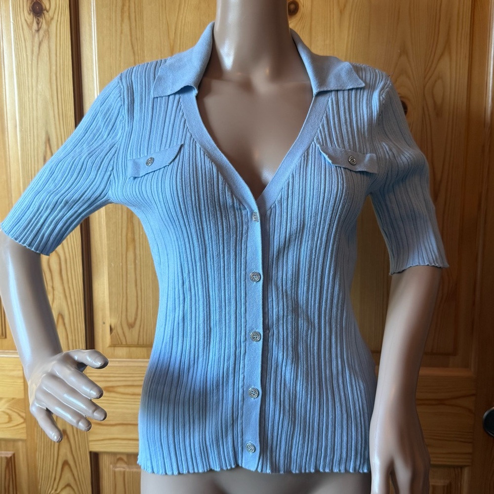 Karl Lagerfeld Paris Baby Blue Ribbed Polo Top Rhinestone Buttons Y2K Style